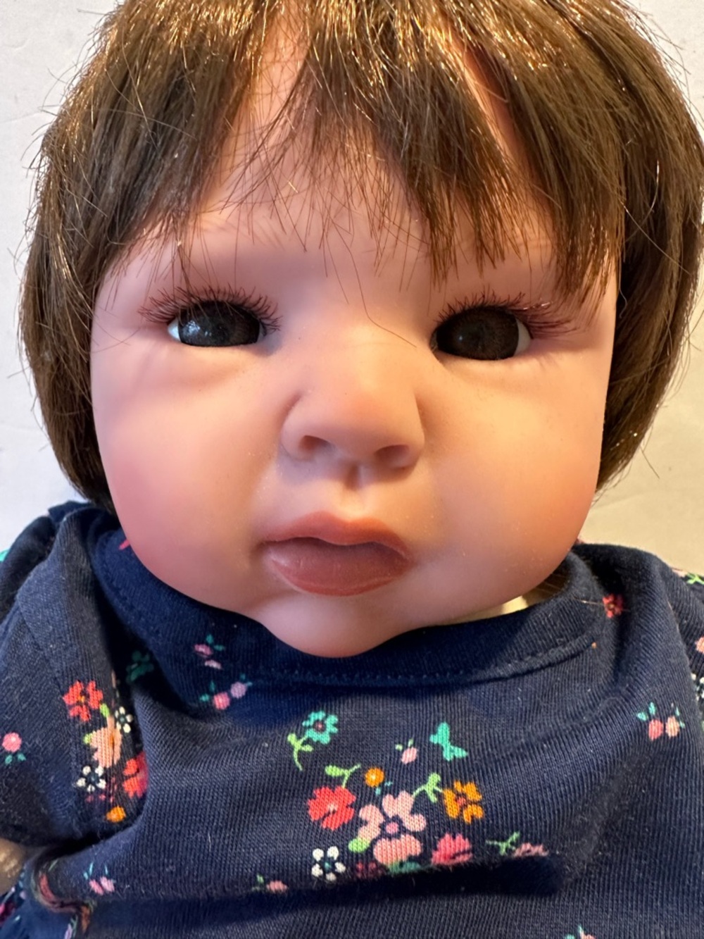 Realistic Reborn Classic Navy Floral Carter Two Piece Baby Doll with Brown Hair